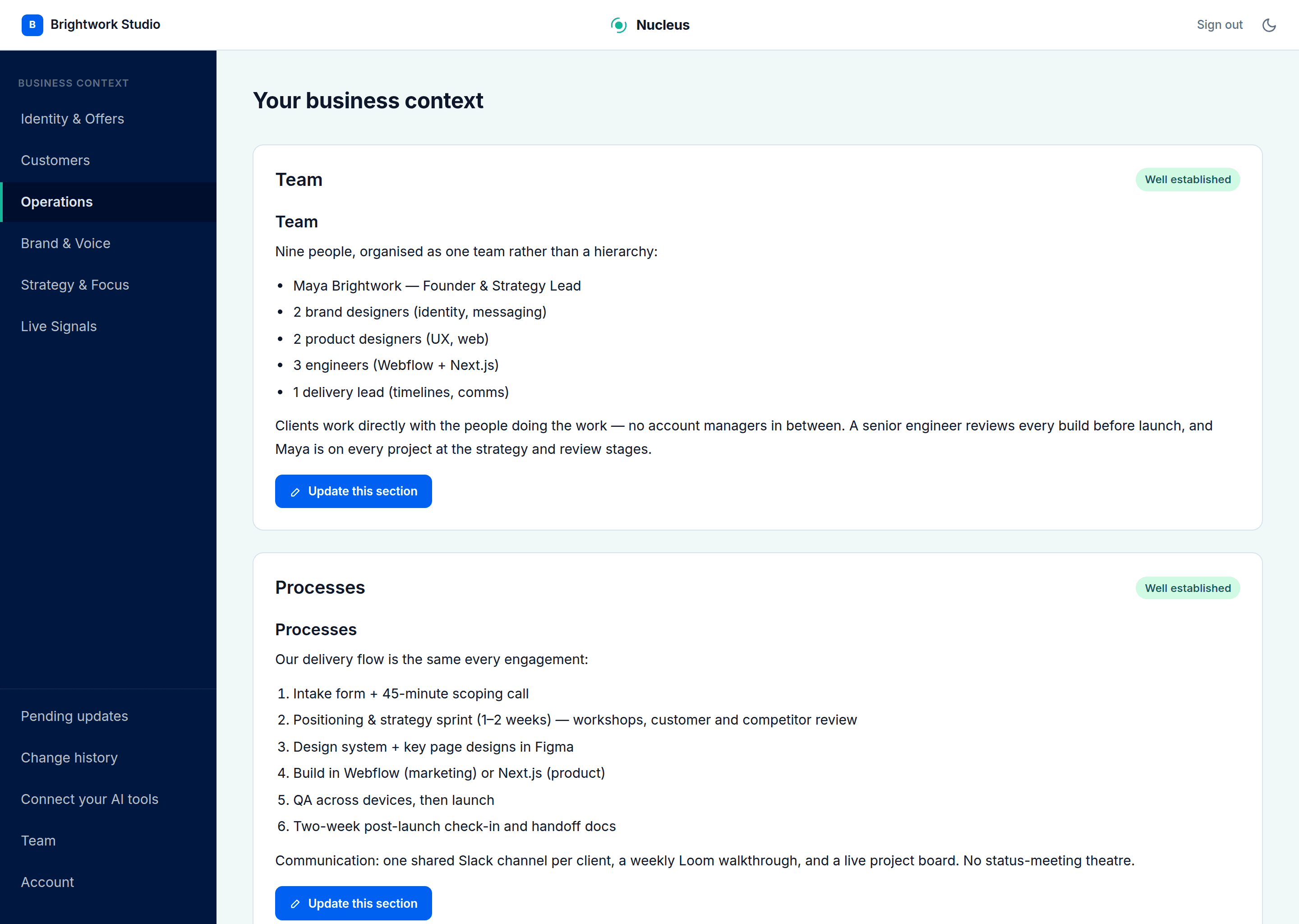 The Nucleus dashboard showing the Operations area — your processes and tools, captured once for every AI tool.