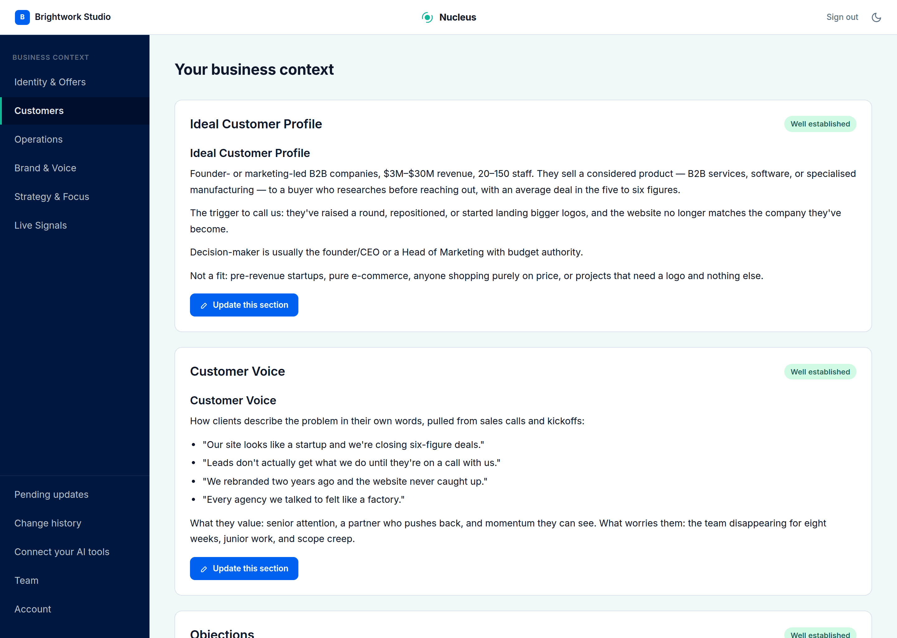 The Nucleus dashboard showing the Customers area — ideal customer profile, customer voice, and objection answers.